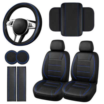 10 PCS Leather Car Seat Covers Front Seats Set (Steering Wheel Cover Set / Black and blue)