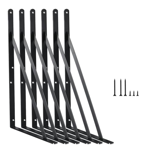 6 Pack L14 x H 10" Black Heavy Duty Shelf Brackets with Screws Metal Shelf Brackets Shelf Support Angle Brackets for Shelves L Brackets Heavy Duty Floating Shelf (6 Pack-Black / 14''x10'')