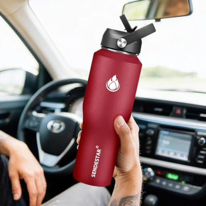 32oz Water Bottle Wide Mouth Stainless Steel Vacuum Insulated Double Wall with Straw Lids Fit in Any Car Cup Holder (Red / 32 Ounces)