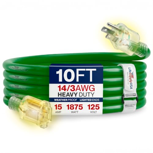 10ft Outdoor Indoor Extension Cord 14 (10 FT / 14AWG / Green)