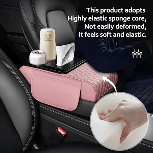 5-in-1 Car Center Console Armrest Cover Pad, Multifunctional Car Arm Rest Organizer with Cup Holder, Tissue Slot & Side Storage Pockets, Soft Leather Auto Armrest Cushion, Pink (Pink)
