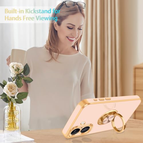 for iPhone 16 Case 360° Rotatable Ring Holder Magnetic Kickstand (For iPhone 16(6.1 inch,2024) / D-Rose Gold)