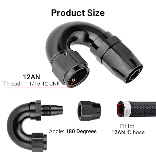 12AN 180 Degree One Piece Full Flow Hose End Fitting Swivel for CPE Braided Hose (12AN / 180 Degree)