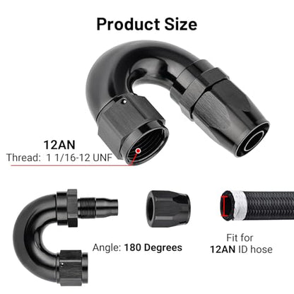 12AN 180 Degree One Piece Full Flow Hose End Fitting Swivel for CPE Braided Hose (12AN / 180 Degree)