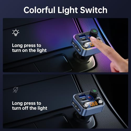 Bluetooth 5.4 FM Transmitter Car Adapter with Light Switch (Blue)
