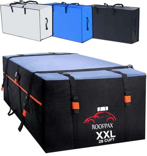 XXL 28 cuft Car Rooftop Cargo Carrier Bag Extra Waterproof Car Roof Storage with 10 Heavy Duty Tie Down Straps and 4 Hooks Roof Bag Cargo Carrier for Top of Vehicle with (28 cubic feet)