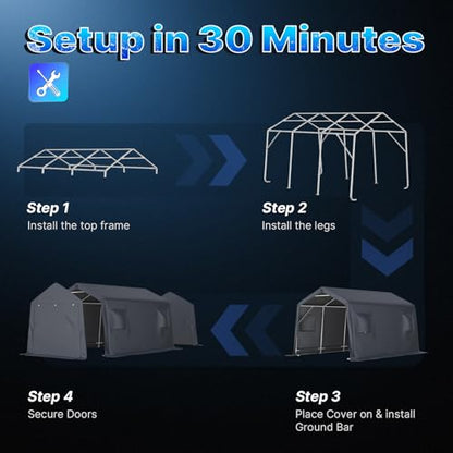 10X15 ft Garage Shelter Steel Metal Peak Roof Portable Storage Shed Carport for Motorcycle Boat (Dark Gray / 10'x15')