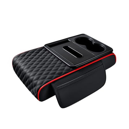 5-in-1 Car Center Console Armrest Cover Pad, Multifunctional Car Arm Rest Organizer with Cup Holder, Tissue Slot & Side Storage Pockets, Soft Leather Auto Armrest Cushion, Black Red Strip (Black Red Strip)