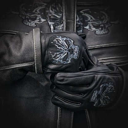 Daniel Smart Men's Motorcycle Leather Gloves with Reflective Skull Short Glove & Touch Screen Fingertips (SHORT GLOVE / XX-Large)