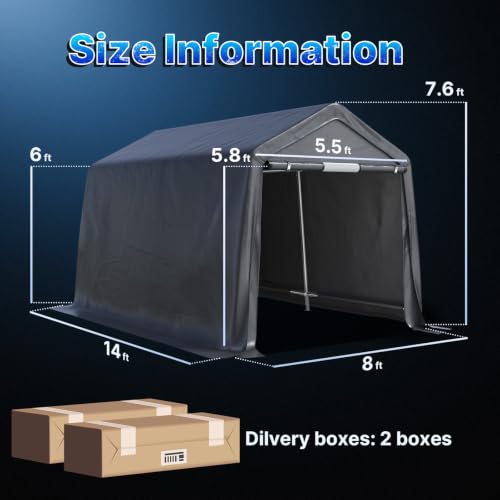 8x14 ft Steel Metal Peak Roof Portable Garage Shelter Storage Shed Carport for Motorcycle (Dark Gray / 8'x14')