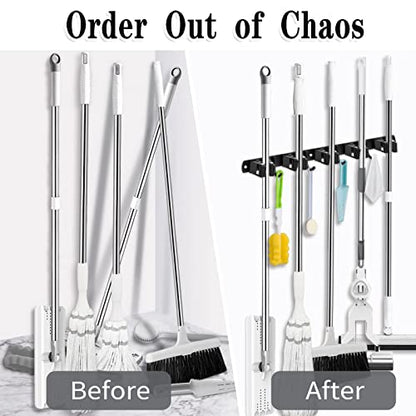 2 Pack Black Broom Holder Wall Mount (5 Racks & 4 Hooks (Black) - 2 Pack)