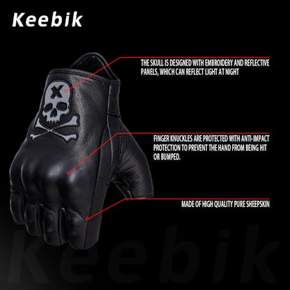 Goatskin Leather Motorcycle Motorbike Powersports Racing Gloves Reflective Skull Touchscreen for Men and Women Model (HEE2 / X-Small)