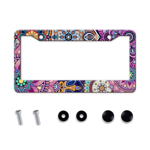 Mandala License Plate Frame Cute Floral Purple License Plate Holder Boho Flower Car Tag Holder Frame Metal Aluminum Rustproof Car Accessories for Women with 2 Holes and Screws 12.2 x 6.3 Inches (Mandala Pattern)