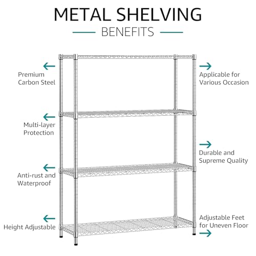 4 Tier Adjustable Heavy Duty Metal Wire Shelving Unit (4 Tier, 15.8" D x 45.8" W x 59.4" H / Chrome)
