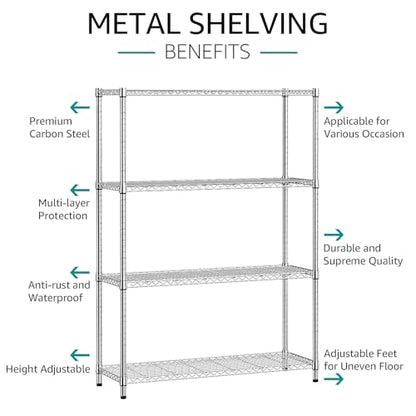 4 Tier Adjustable Heavy Duty Metal Wire Shelving Unit (4 Tier, 15.8" D x 45.8" W x 59.4" H / Chrome)