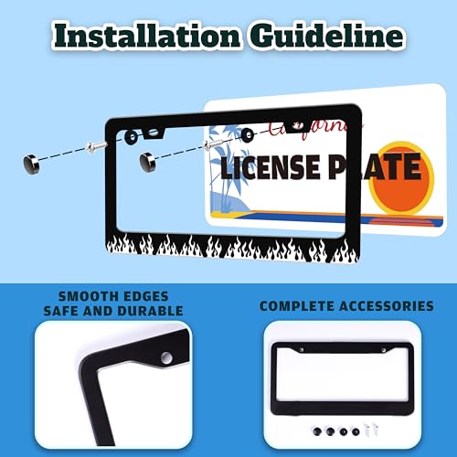 Black and White Flame License Plate Frame Stainless Steel 6.3 X 12.2 Inch (Black And White Flame)