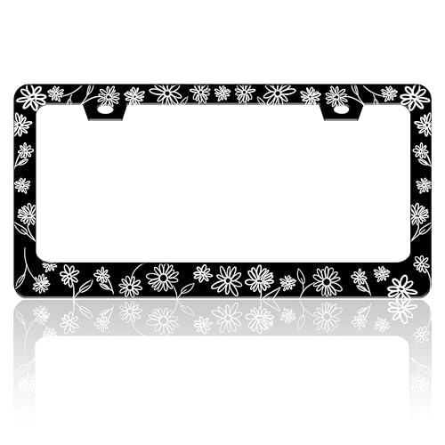 Black and White Daisies License Plate Frame Flower Art License Plate Holder (Black And White Daisies)