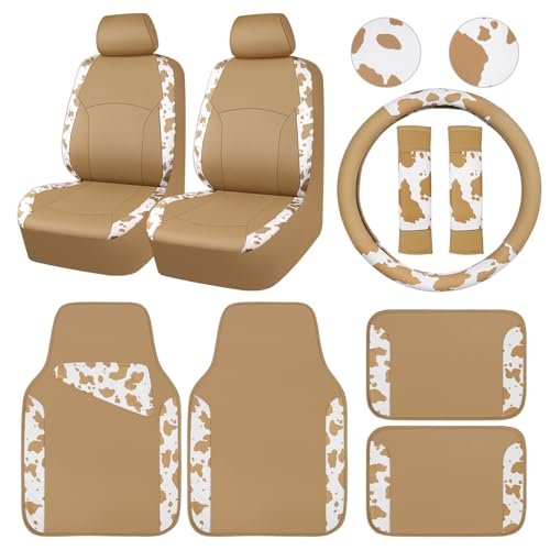 Cow Print Faux Leather Car Seat Covers & Cow Car Mats & Cow Steering Wheel Cover Seat Belt Pads Universal fit for SUV (Cow Print Beige)