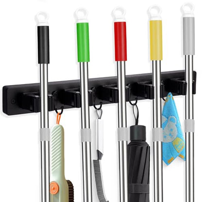 Broom Holder Wall Mount With 5 Slots & 4 Hooks (Black)