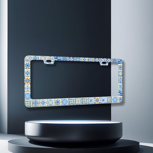 Stainless Steel Blue White Mexican Tiles License Plate Frame 12.2 x 6.2Inch (White and Blue Mexican Tiles)