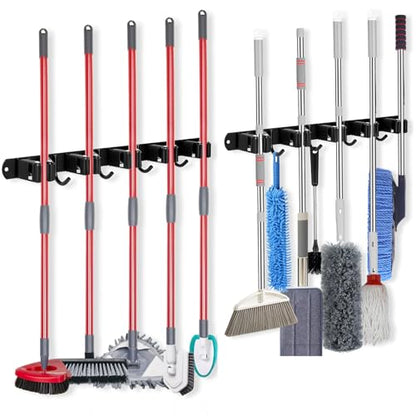 2 Pack] 5 Racks and 4 Hooks Mop and Broom Holder Wall Mount (5 Racks 4 Hooks 2 Packs / Black)