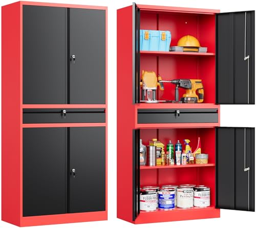 Metal Storage Cabinet with Drawer and Lock (71"H x 31.5"W x 16"D / Red Black)