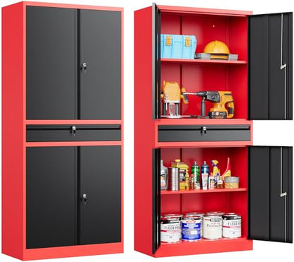 Metal Storage Cabinet with Drawer and Lock (71"H x 31.5"W x 16"D / Red Black)