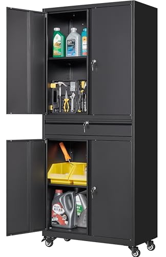 Metal Garage Storage Cabinet with Wheels and Drawer (73"H x 31.5"W x 16"D / Black)