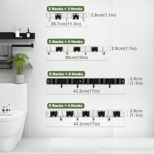 Broom Holder Wall Mount (5 Racks & 4 Hooks (Silver) - 1 Pack)