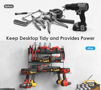 Garage Tools Storage with Charging Station. Power Tool Battery Organizer Utility Shelf with Power Strip. 4 Drills Holder Wall Mount Rack (Small / 3 Layer)