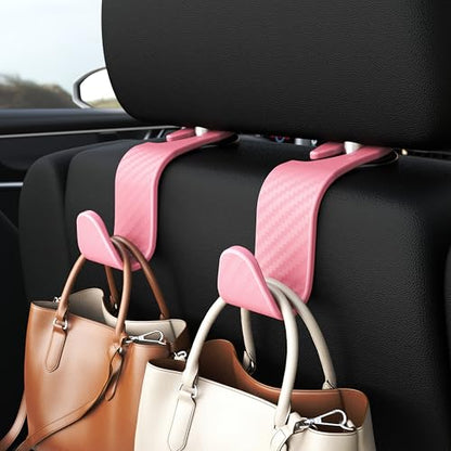 4 Pack Car Headrest Hooks Holds 55lbs Seat Storage Organizer for Bags (Pink Check)