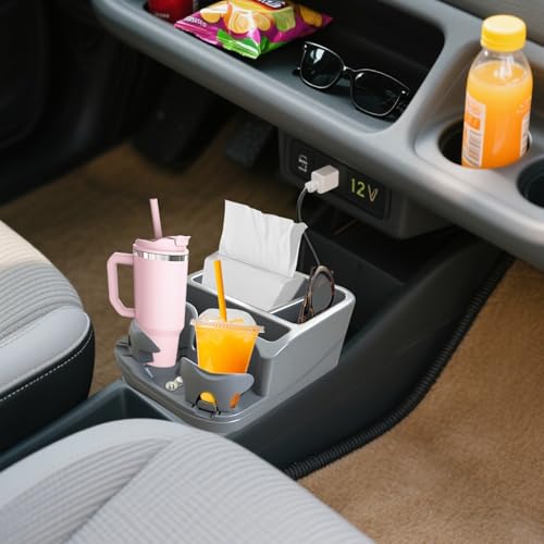 Car Center Console with Adjustable Cup Holders (Gray)
