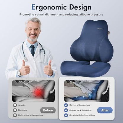 Memory Foam Car Seat Cushion and Lumbar Support Pillow for Car (Blue / 2 Pieces)