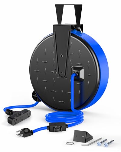 Retractable Extension Cord Reel (Black/Blue--blue Cord)