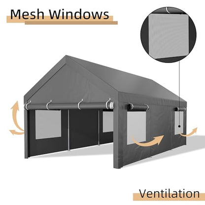 JY QAQA 10x20 FT Heavy Duty Carport with Removable Side Walls and Doors (Gray / 10x20 FT)