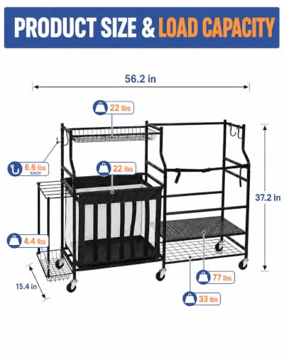 Rolling Ball Storage Rack and Sports Equipment Organizer (Black, 56.2"Lx15.4"Wx37.2"H)
