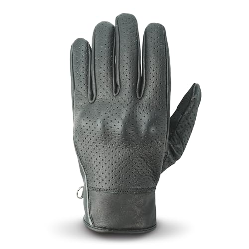 Leather Motorcycle Gloves for Men with reinforcements on Knuckles and Fingers 100% Perforated Calf Leather Riding Gloves with Magic Tape Wrist Closure (X-Large / Willington Moto Black)
