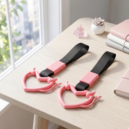 2 Pcs Devil Heart Shaped Car Handle Strap (Pink-Tail)