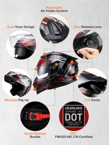 Modular Motorcycle Helmets Full Face Flip up Street Bike Motorcycle Helmet for Unisex Adult Red (Red / XX-Large)