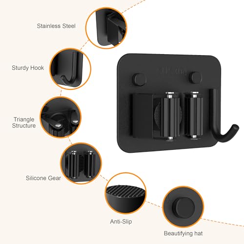 4 Pack Stainless Steel Heavy Duty Broom Holder Wall Mount with Hook (D-Black / 4PCS Gripper)