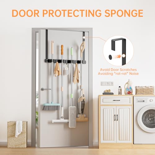 Broom Holder Over The Door with Hooks (Black)