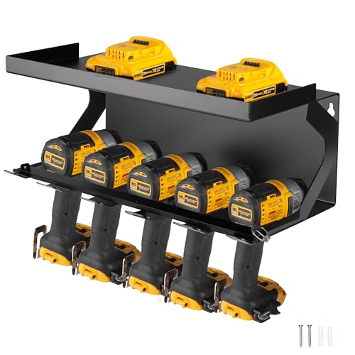 Metal Power Tool Organizer Wall Mount (5 Drill Slots / Locking Rack & Shelf)