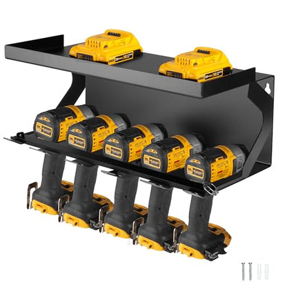 Metal Power Tool Organizer Wall Mount (5 Drill Slots / Locking Rack & Shelf)