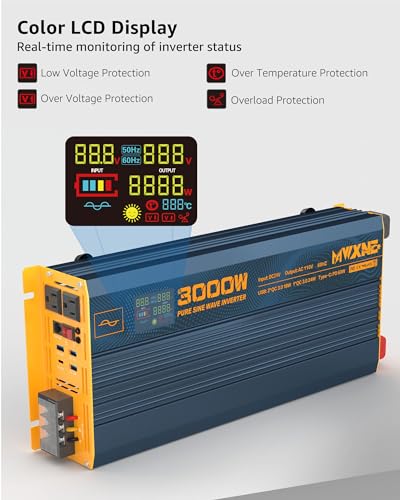 3000W Pure Sine Wave Power Inverter DC 24V to 110V 120V AC with 4 Quick Charging USB Ports& Dual AC Outlets Power Inverters for Vehicles RV Truck Home with LCD Display and Remote Controller (3000W- 24V)