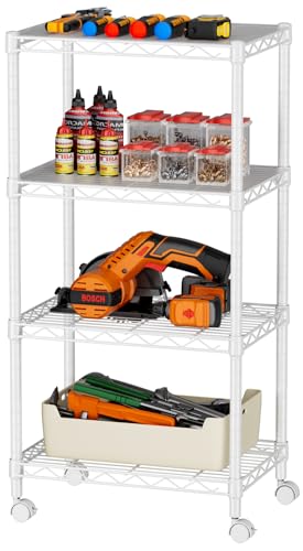 4 Small Wire Shelves Kitchen Pantry Close Home Organizers and Storage Bathroom Shelf Laundry Room Organization Adjustable Book Metal Garage Shelving Unit (White / 4-Tier 11.8"D X 17.3"W X 45.2"H)