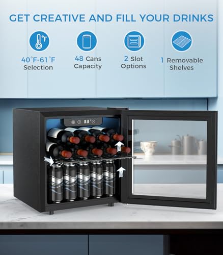 48 Can Beverage Refrigerator Mini Fridge Cooler Glass Door for Beer Soda or Wine (Black)