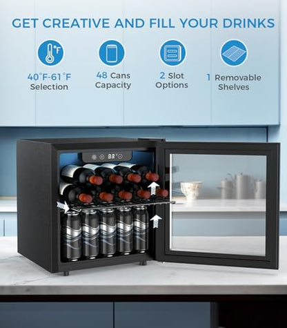 48 Can Beverage Refrigerator Mini Fridge Cooler Glass Door for Beer Soda or Wine (Black)