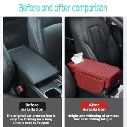 Car Armrest Cover Leather Car Console Covers Box Pad with Pocket and Tissue Box Arm Rest Cover for Car for SUV Truck Sedan Vehicle (favor-red)