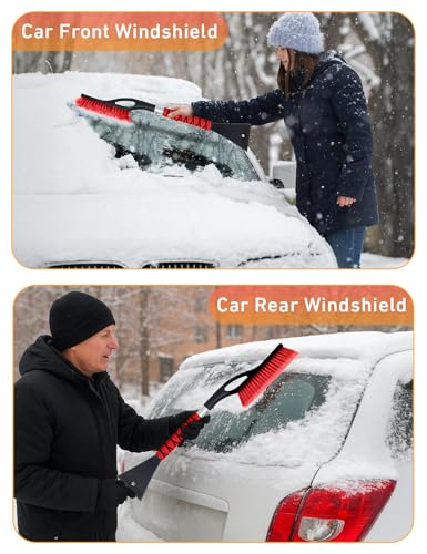 27" Snow Brush with Ice Scraper for Car Windshield 2 Pack Red (Red & Red)