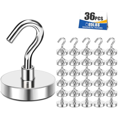 Magnetic Hooks 85lbs Strong Magnets Hook Heavy Duty (Silver / 36pack-85lb)